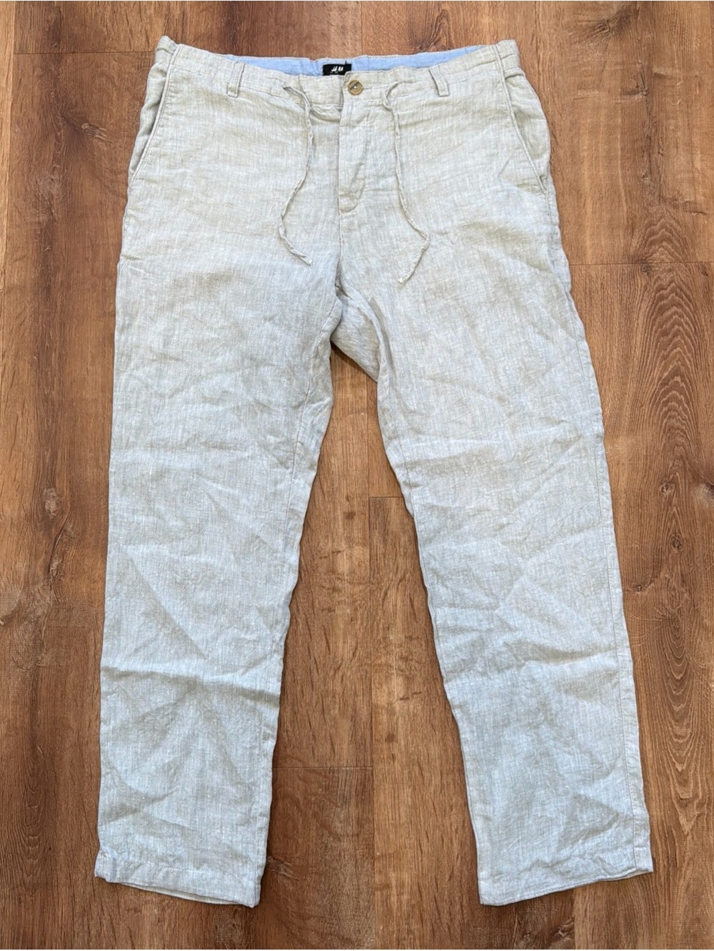 H&M Mens 36R Tan Regular Fit 100% Linen Drawstrings Casual Pant Size 36x30